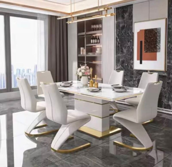 Luxury Modern Dining Room Set White Sintered Stone Marble Table with 6 Z- shaped Gold Stainless Steel Chairs