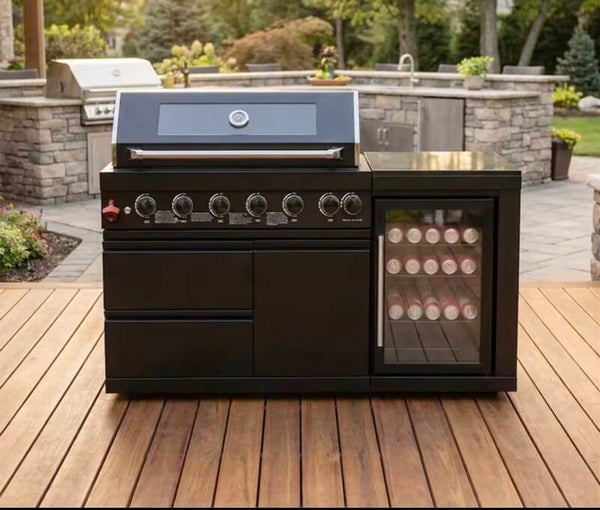 Luxury Customized Black Stainless Steel 6-Burner Grill Outdoor Kitchen BBQ Island with Fridge for Custom Backyards