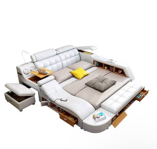 Functional Smart Storage King Size Bed with Music USB Charger Massage leather Beds