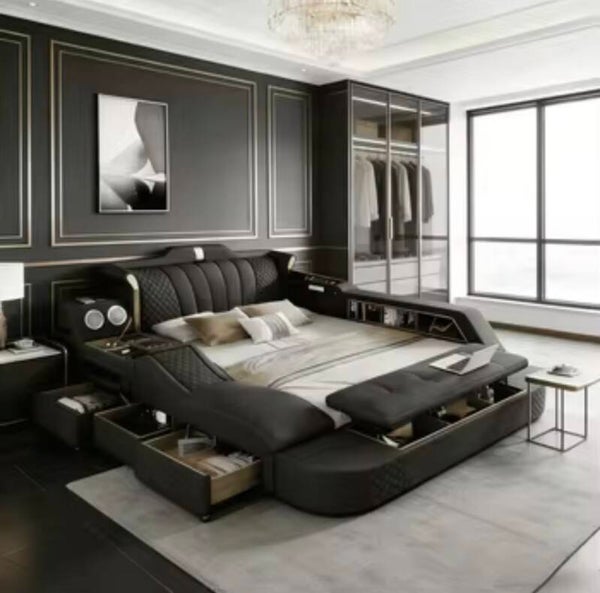 KEHUI European Luxury Smart Electric Massage Bed King/ Queen/Full/Twin Sizes Storage Drawers Genuine Leather Upholstery