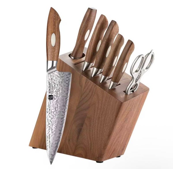 XINZUO New Design  8 PCs Razor Sharp Japanese 67 Layers AUS10 Damascus Steel Walnut Wood Kitchen Chef Knife Set Accessories