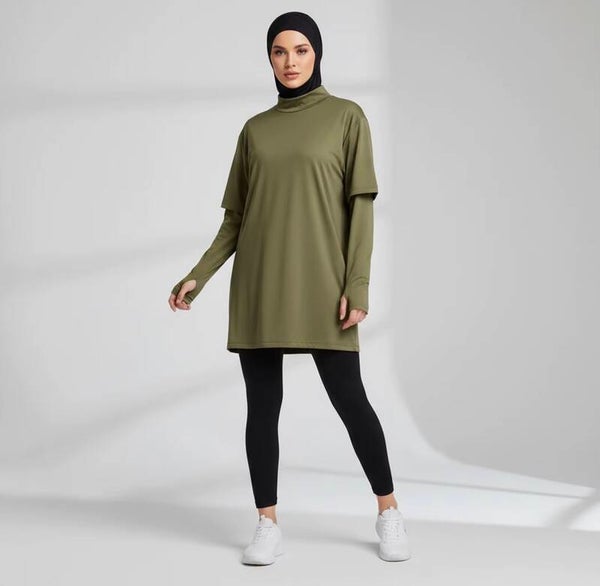Fashionable Modest Muslim Women’s Sports Shirt Drop Shoulder Thumbhole Sleeves Comfortable Activewear Gym Fitness Running