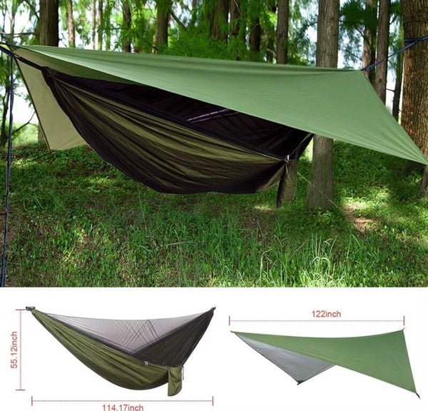 Double Camping Hammock 210T Nylon Rainfly Tarp with Mosquito Net Lightweight Portable for Hiking Travel Backpacking OEM