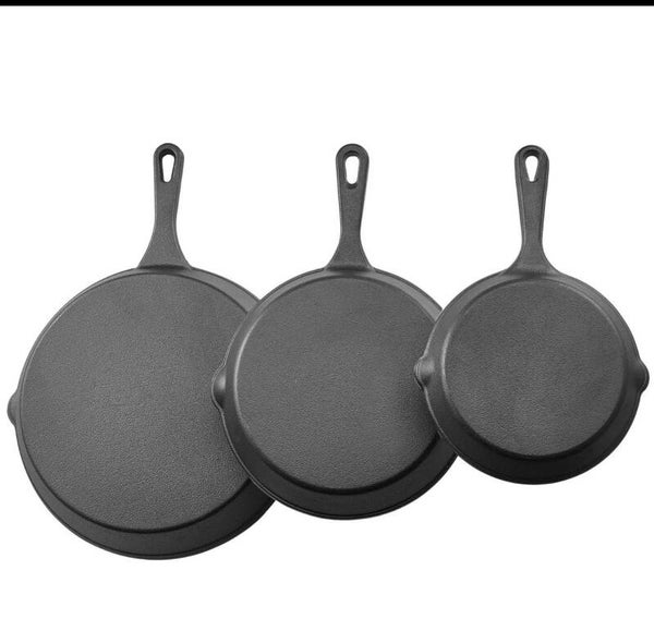 Heavy-Duty Cast Iron Skillet Set 3-Piece Pre-Seasoned Chefs Pan with Heat-Resistant Handle 6-8-10 Inch