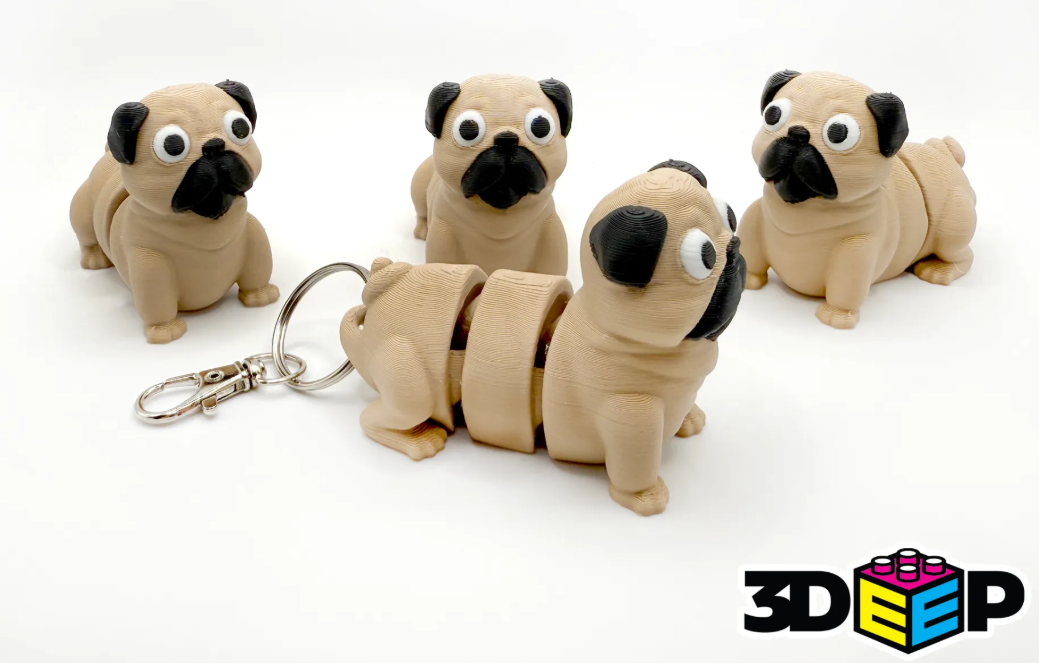 Flexi Mops – 3D-gedruckte Dekofigur & Schlüsselanhänger
