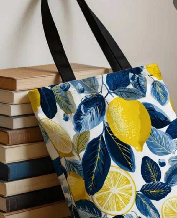 Totebag citroen geel wit blauw