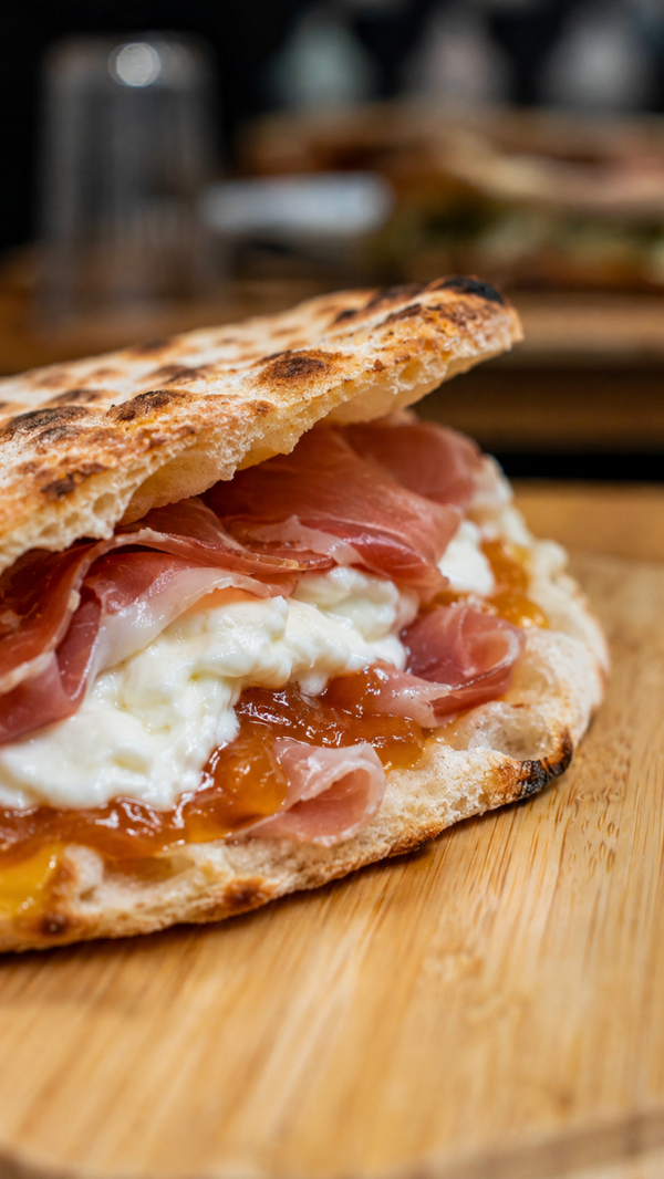 157 Pizza baciata con cuore di prosciutto crudo nazionale, burrata e marmellata di albicocche