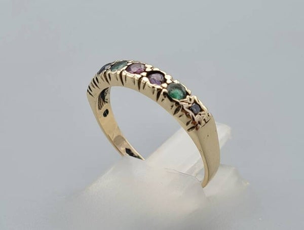 Vintage aanschuif  ring met saffier, smargd, robijn, topaas, dia en granaat.  2022/833.
