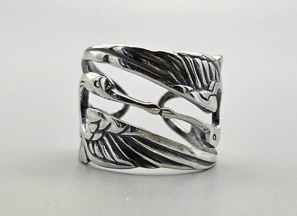 Handgemaakte zilveren Art Nouveau ring met  dubbele kraanvogel. 2025/549.