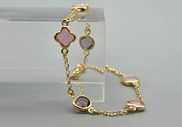 Gold Plated Silver armband met edelstenen amethist en rozekwarts. 2026/397