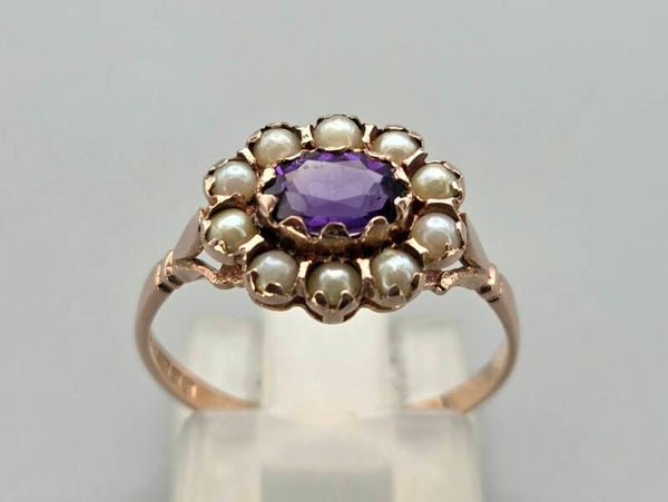 Vintage ring met edelsteen amethist en zaadparel. 2025/857.