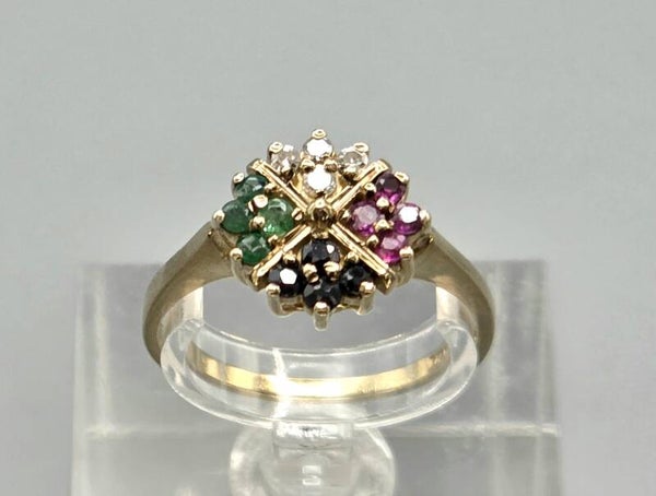 Vintage ring met edelsteen smaragd, robijn, saffier en diamant. 2026/362