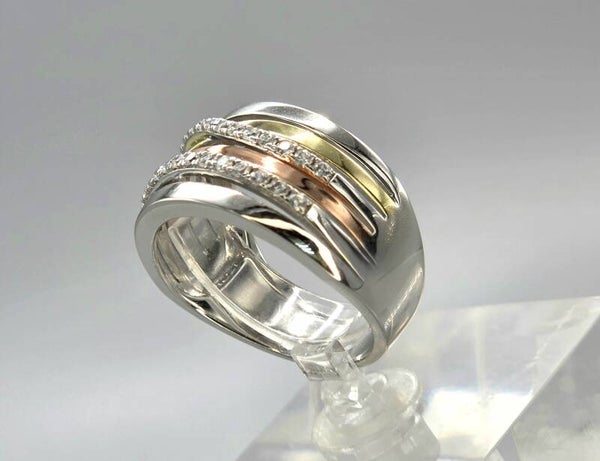 Gold Plated tri-color Silver ring met zirkonia. 2026/385