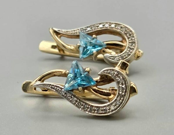 Gouden vintage oorbellen aquamarijn en diamant. 2026/407