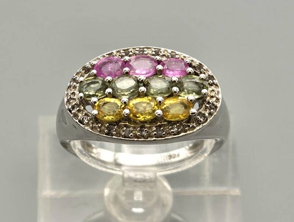 Vintage zilveren ring met edelstenen toermalijn, gele en witte topaas. 2026/509