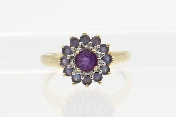 Vintage ring met amethist,tanzaniet en 12x diamant. Maat: 19.5. 2021/163.