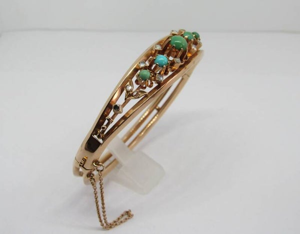 14 Karaat.  Antieke rose gouden armband met 5x turkoois en 14x roos geslepen diamant. Nr: 19/A145.