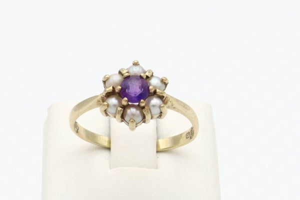 9 Karaat. Vintage ring met amethist en zaadparel. Maat: 17.5. Nr: 2020/757.