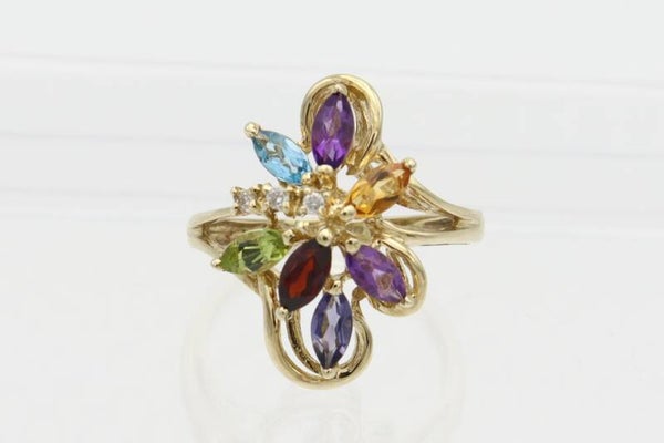 9 Karaat. Vintage ring met amethist,citrien,topaas,peridot,aquamarijn,granaat en diamant. Maat: 15.8. Nr2020/876.