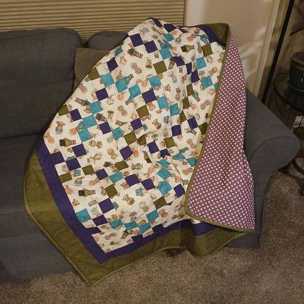 Woodland Friends Handmade Baby Quilt – Purple, Teal and Green
