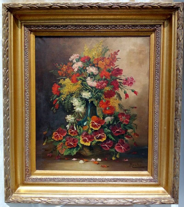 Peinture à huile sur toile, bouquet de fleurs, signée, 19ème siècle