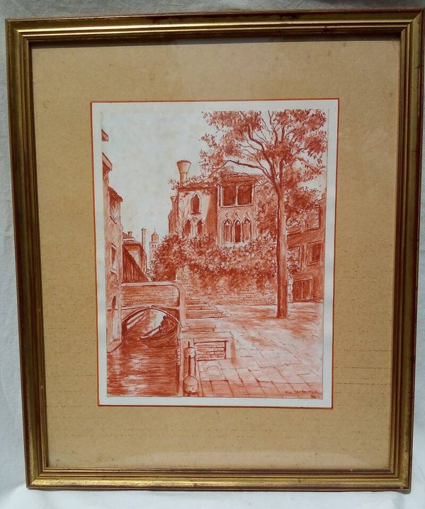 Ancien dessin à la sanguine, vue de Venise, signée, 20ème siècle