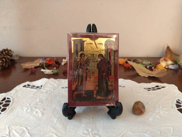 Véritable icône byzantine sur feuille d'or faite à la main, l'Annonciation