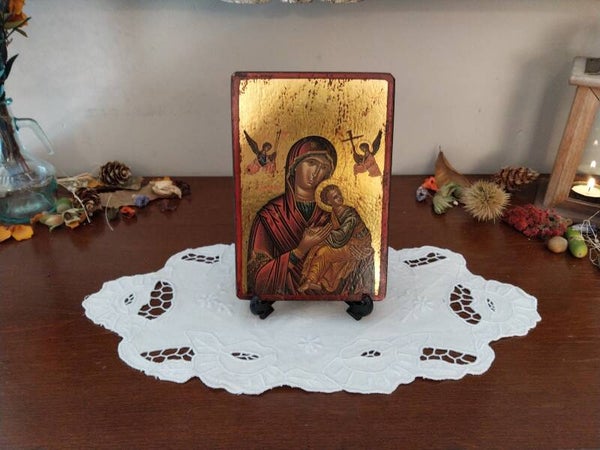 Véritable icône byzantine sur feuille d'or faite à la main, Sainte Vierge à l'Enfant