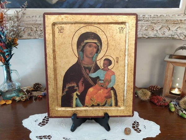 Véritable icône byzantine sur feuille d'or, Sainte Vierge à l'Enfant Jésus