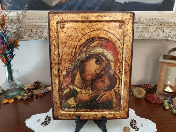 Exceptionnelle icône byzantine, Sainte Vierge à l'Enfant Jésus