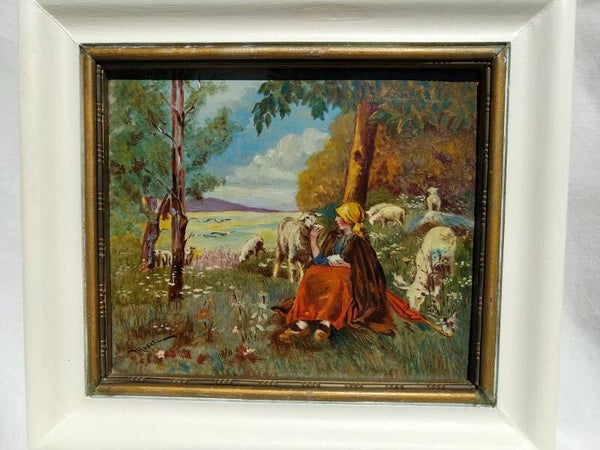 Peinture à l'huile signée MUDEL, bergère et ses moutons, CIRCA 1940