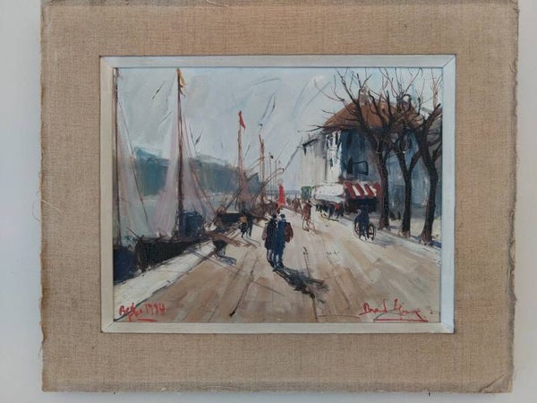 Peinture à l'huile sur toile signée, La Balade au Port, datée 19(54) et située à AGDE (?)