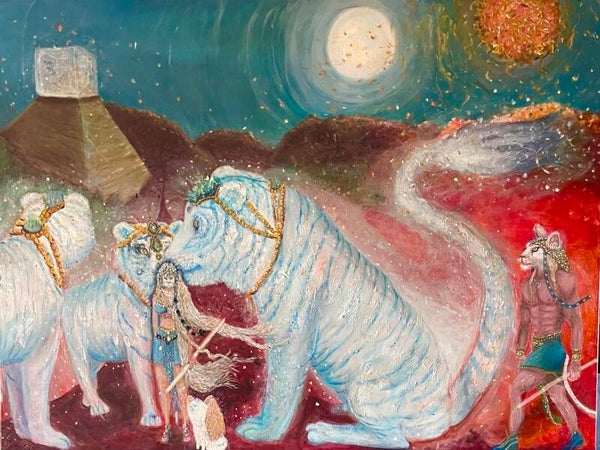 Olie verf schilderij: ‘ Quards white blue light tigers of Lyran