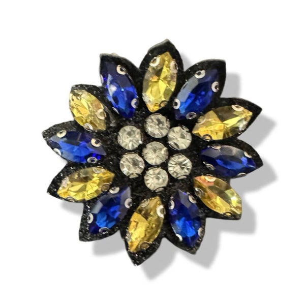 Broche Bloem met steentjes blauw/geel
