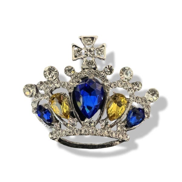 Broche kroon blauw/geel