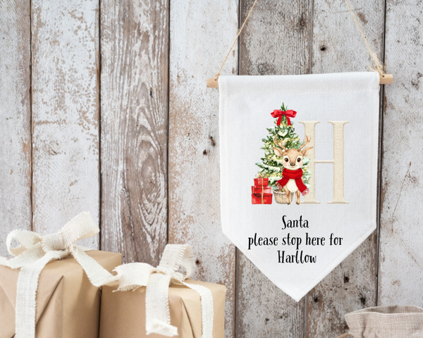Personalised Reindeer Santa Stop Here Linen Sign