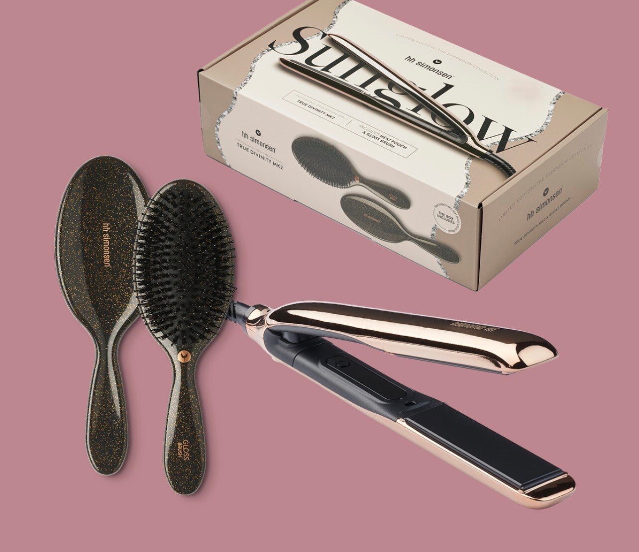 LTD EDITION kultainen HH Simonsen muotoilurauta + Stardust Gloss -hiusharja