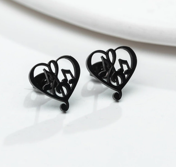 Oorbellen hartje muziek - muzieknoot zilverkleurig en zwart