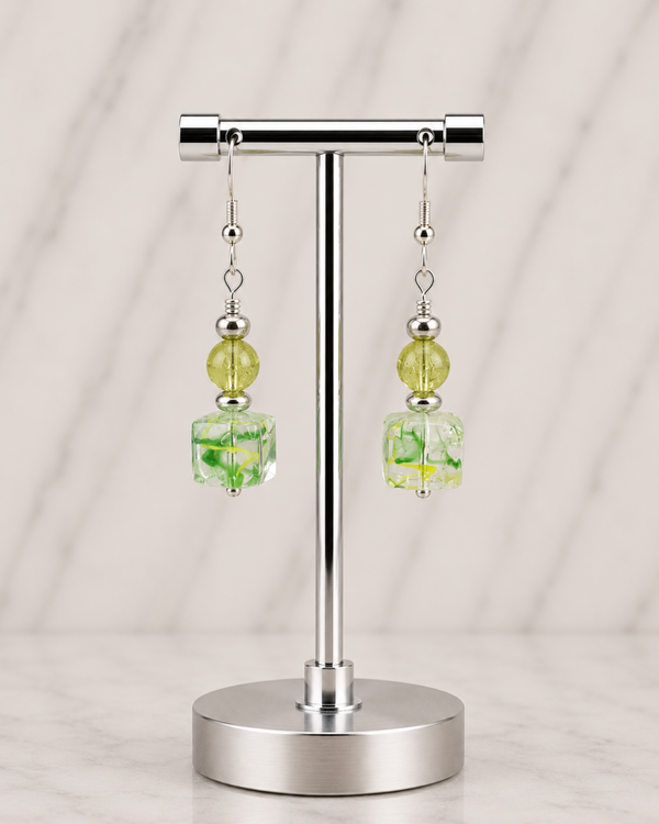 Lemon-Yellow with Clear Green Cube Beads