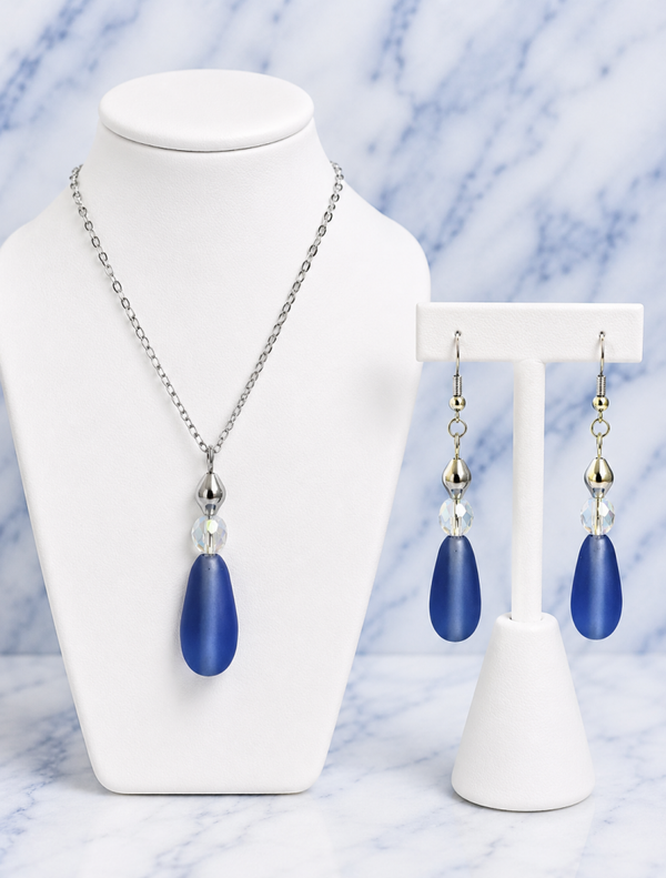 Blue & Crystal Glass Bead Necklace & Earrings Set
