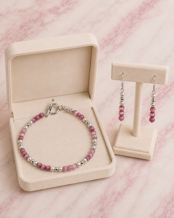 Rose Pink Cat-Eye & Pearl Toggle Set