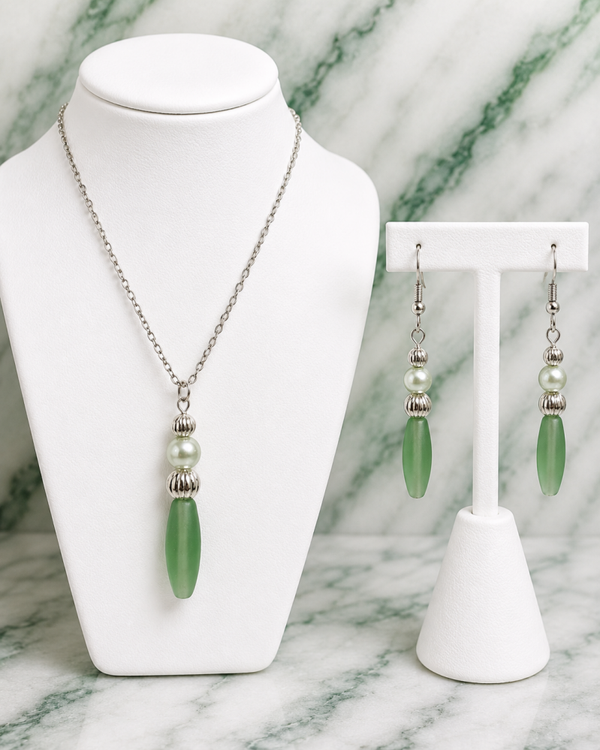 Double Green Teardrop Necklace & Earrings Set