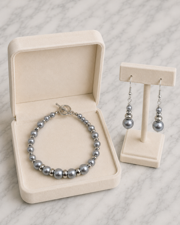 Frosted Silver Pearl Bracelet & Earring Set