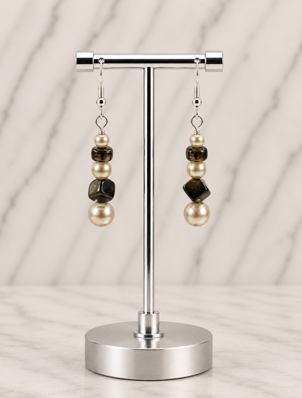 Cream Pearl & Metallic Cube Beaded Earrings