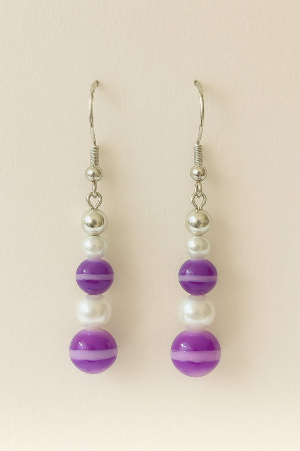 Purple Swirl & Pearl Beaded Dangle Earrings