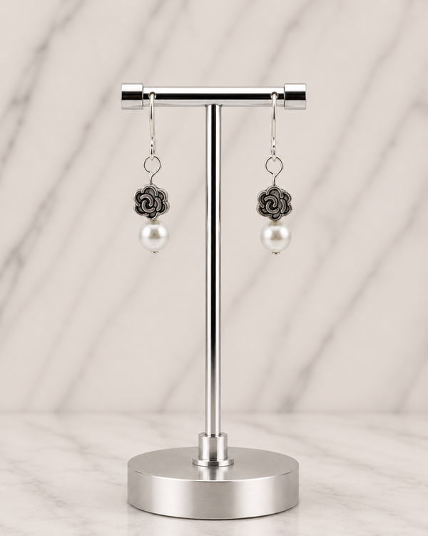 Pearl & Silver-Tone Rose Charm Earrings