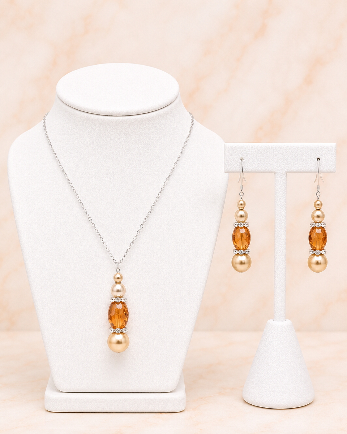 Golden Amber Glow Drop Necklace & Earring Set