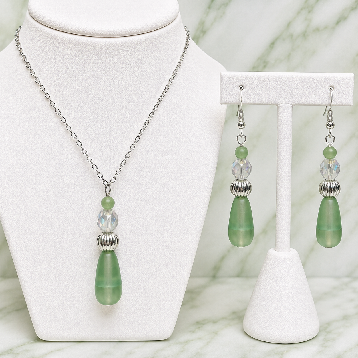 Soft Green Teardrop Necklace & Earrings Set