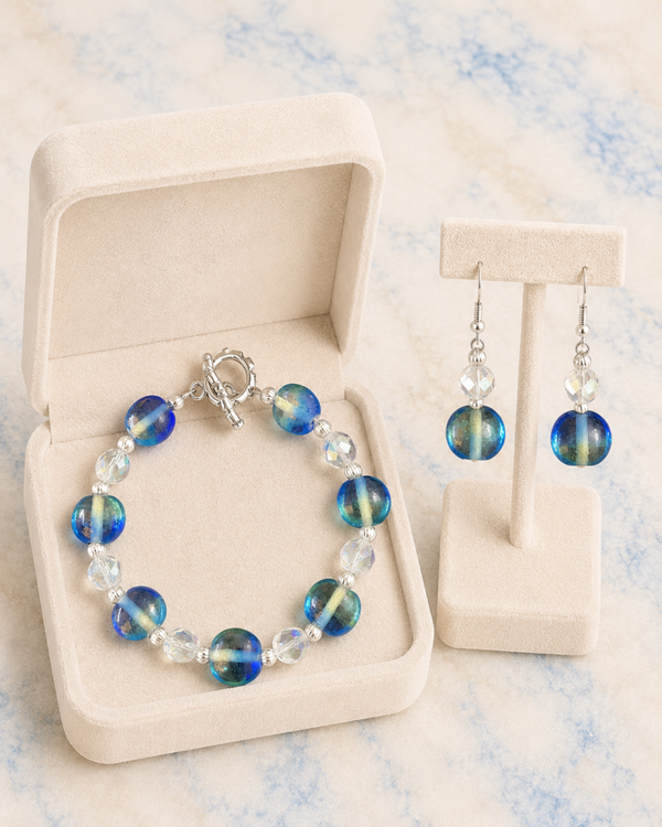 Blue & Clear Green Glass Bead Bracelet & Earring Set