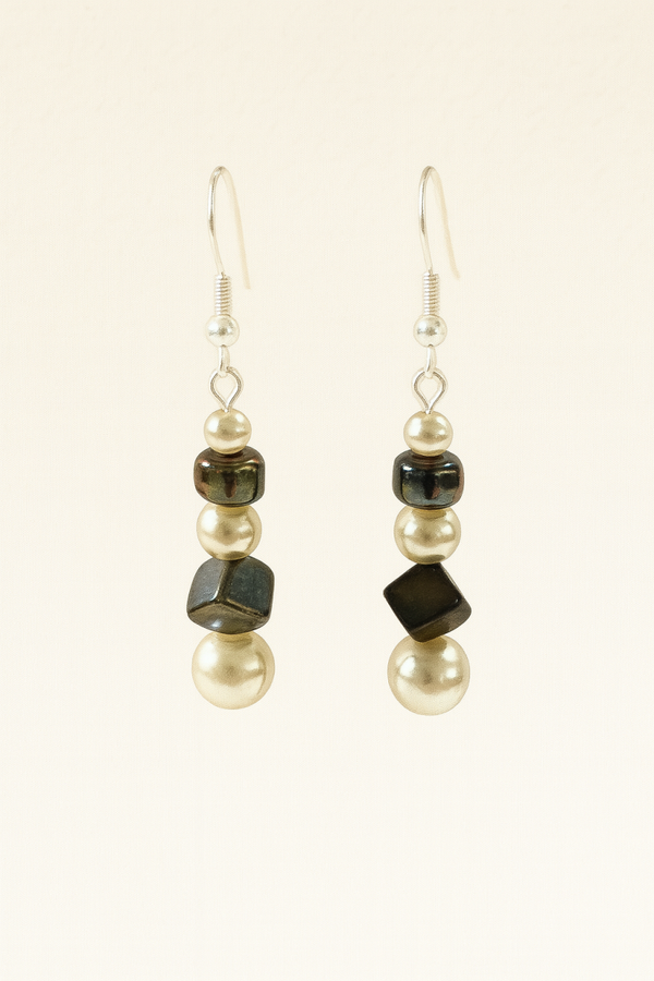 Brown Iridescent Cube & Pearl Drop Earrings